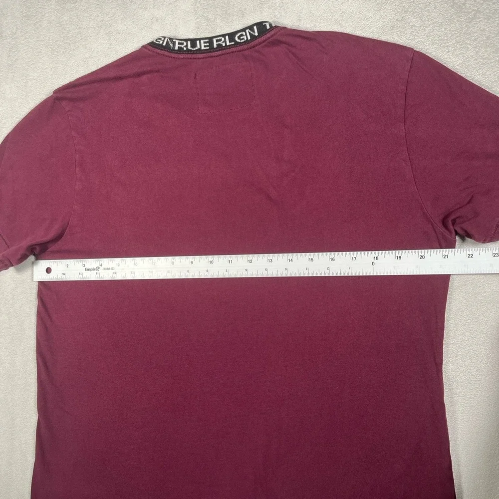 True Religion Mens T Shirt Size L Large Maroon Red Jacquard Rib Logo Collar Crew